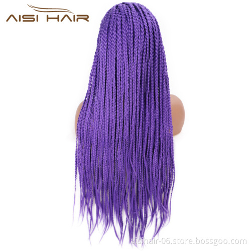 Aisi Hair Synthetic Lace Front Braided Long Wigs Heat Resistant Fiber Purple Lace Front Braids Wigs for African Amerian